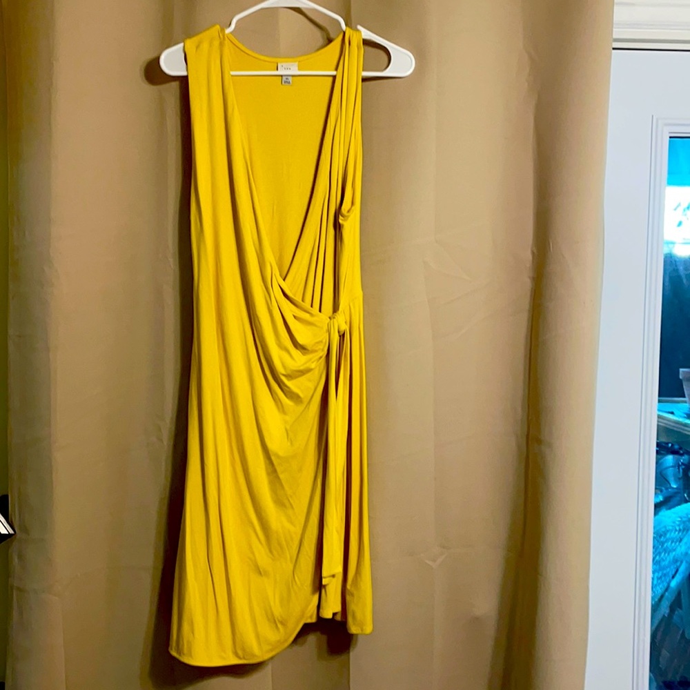 Gold, sleeveless wrap dress
